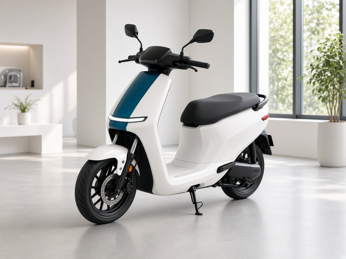 An electric two-wheeler in a dealer showroom