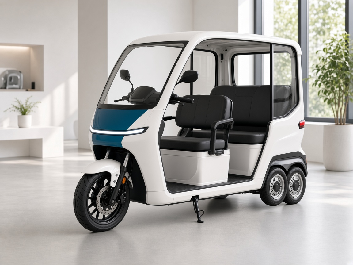 An electric three-wheeler in a dealer showroom