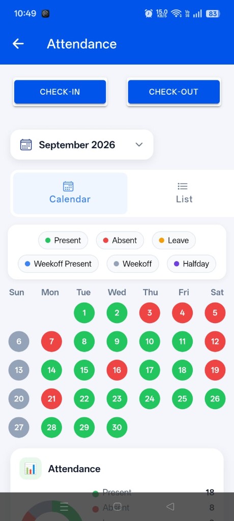 Monthly attendance calendar with present, absent and leave