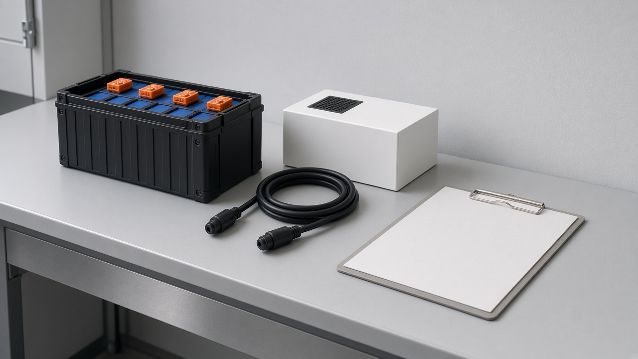 A battery module and a charger on a service bench