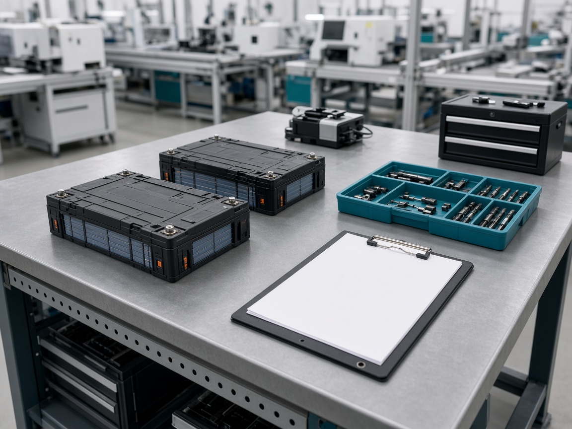 Lithium battery modules on a factory service bench